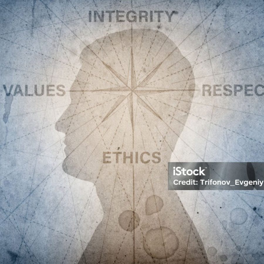 Human head and compass points to the ethics, integrity, values, respect. The concept on the topic of business, trust, psychology etc.